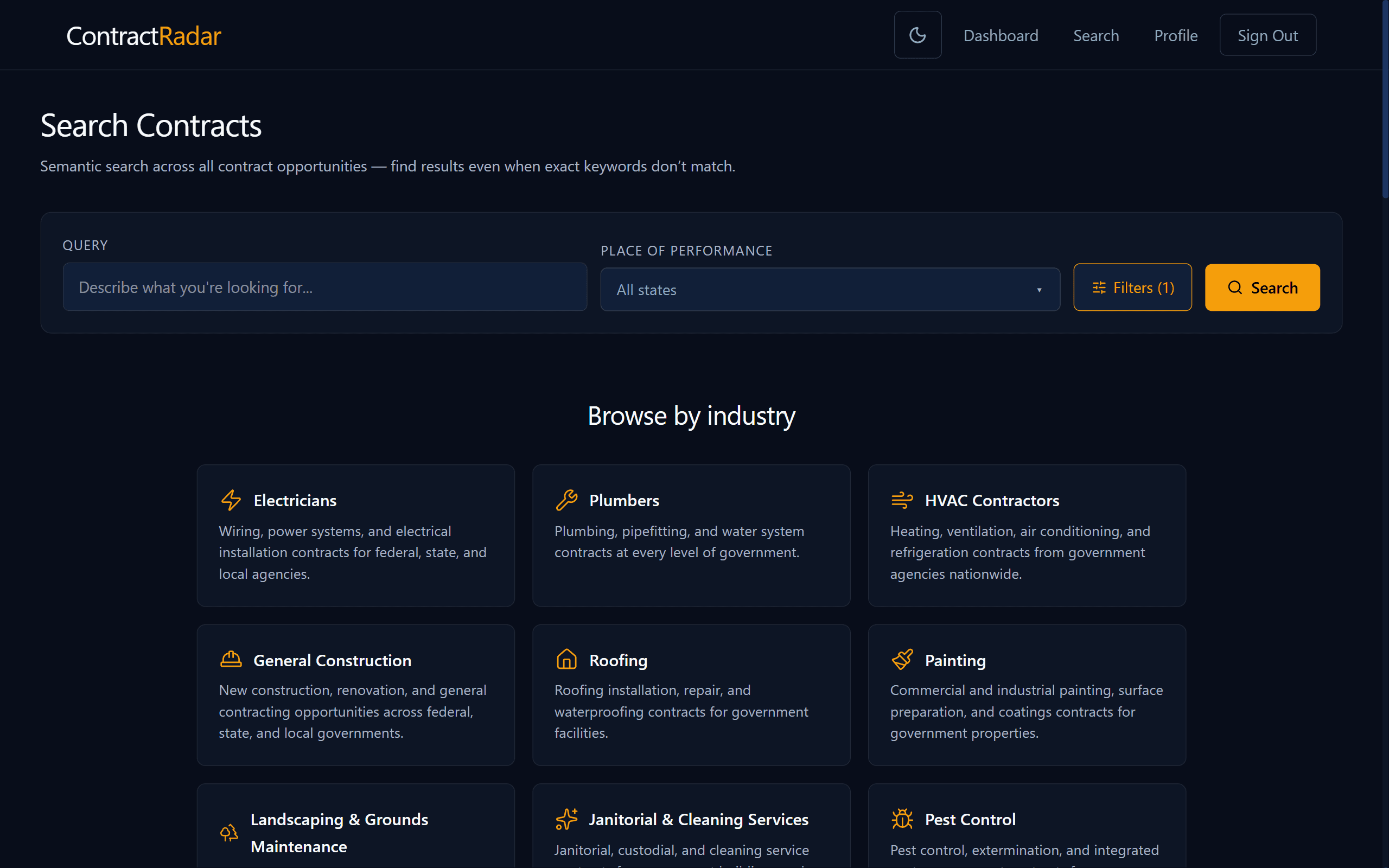 ContractRadar search page with a semantic-search bar (query field, place-of-performance state selector, filters, and Search button) above a 'Browse by industry' grid with tiles for Electricians, Plumbers, HVAC Contractors, General Construction, Roofing, Painting, and more industries continuing below — each tile linking to a curated results page