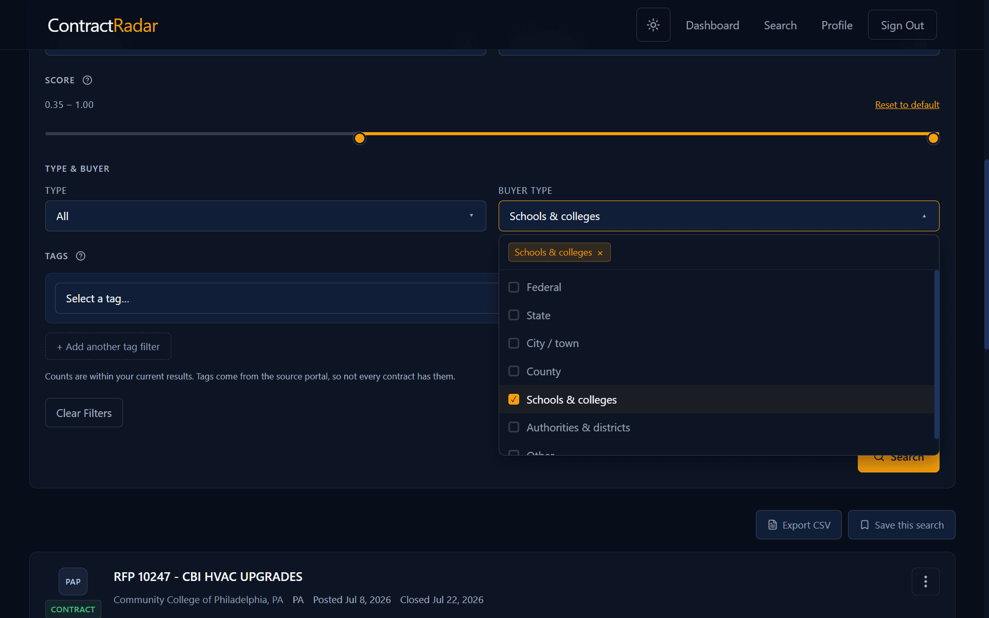 The Advanced filters panel on ContractRadar's search page with the Buyer type dropdown open, listing City / town, County, Schools & colleges, Authorities & districts and the other buyer types.