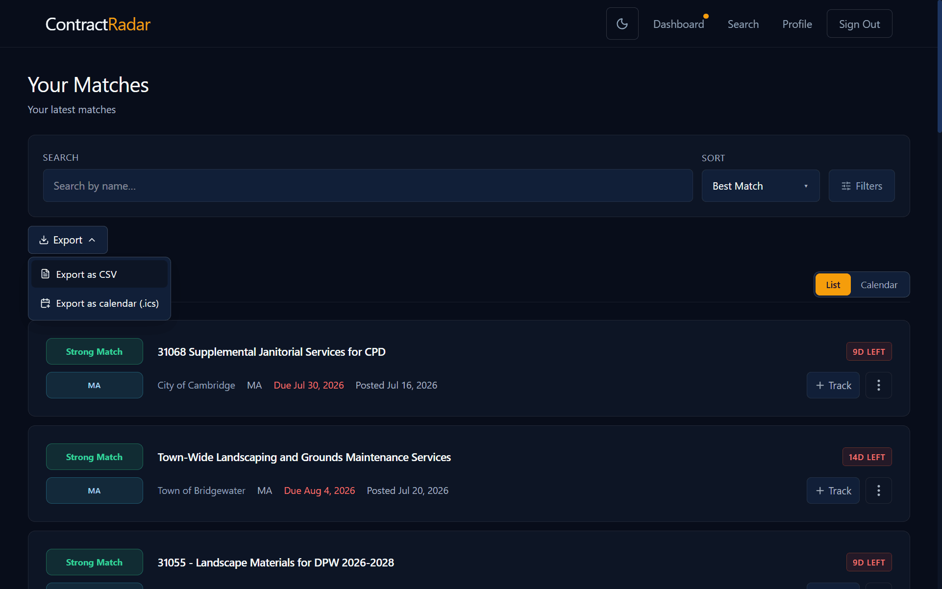 The ContractRadar dashboard Export button with its menu open, offering Export as CSV and Export as calendar (.ics).