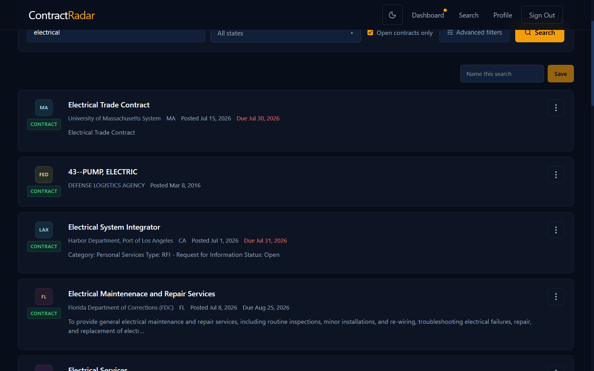 The Save this search control on the ContractRadar search results page, expanded into a Name this search text box with a Save button.