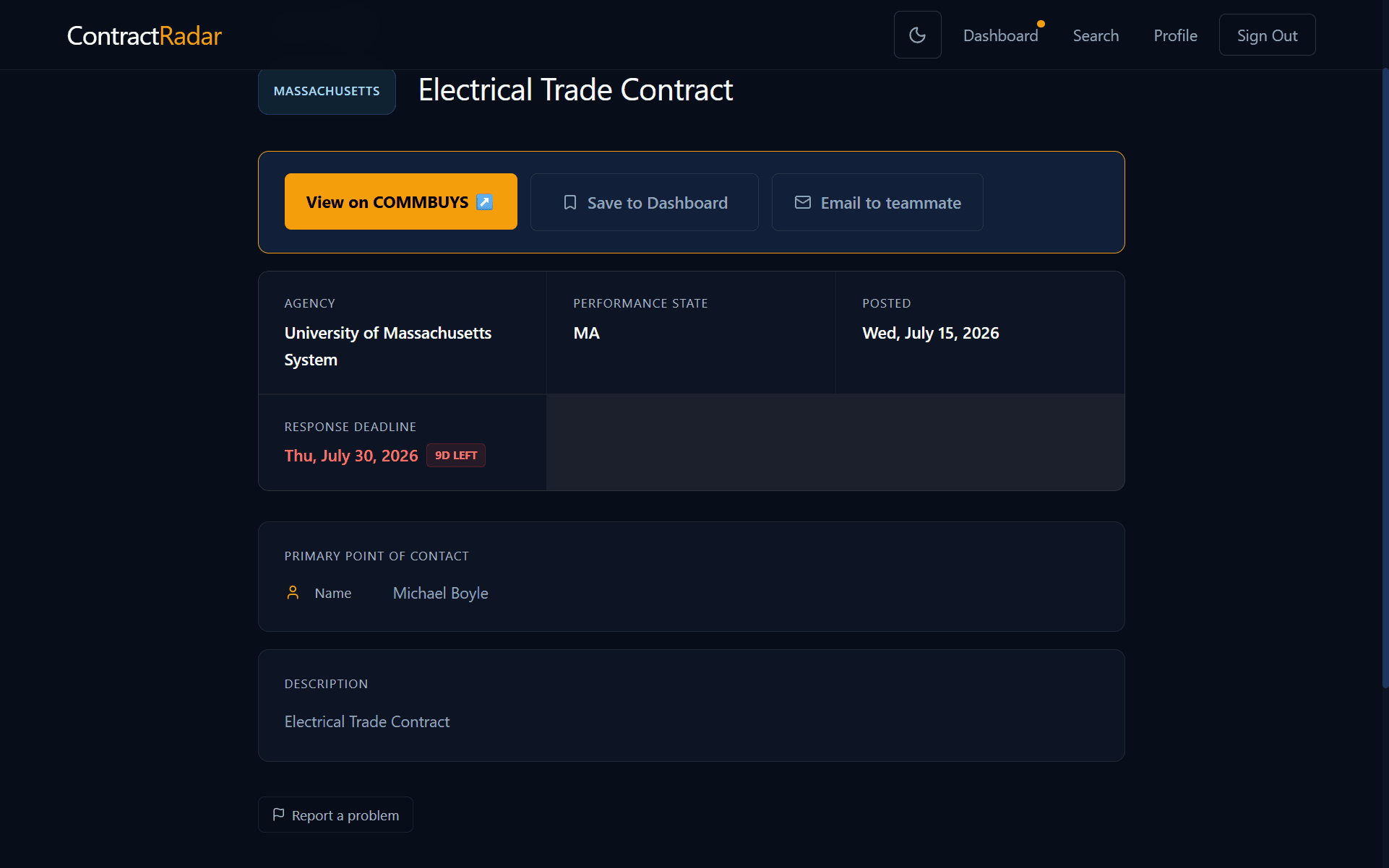 A ContractRadar contract detail page with the Save to Dashboard button highlighted.