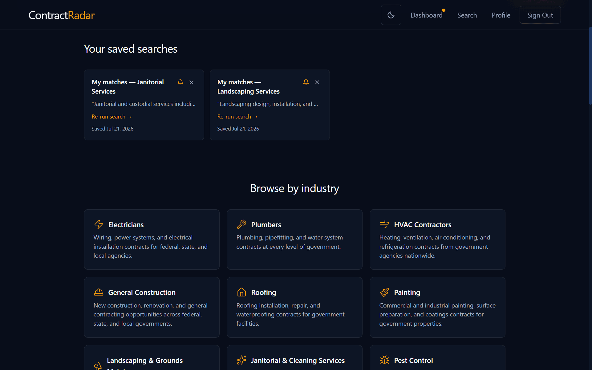 The Your saved searches row on the ContractRadar search page: a horizontal set of cards, each showing a search name, its saved criteria, a bell alert toggle, and a Re-run search link.