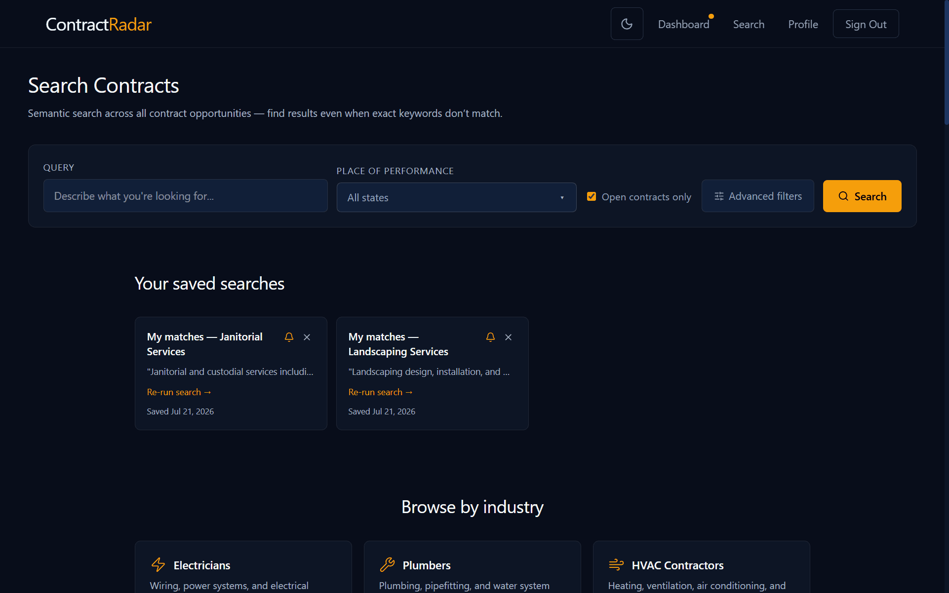 The ContractRadar search page: a query box with a keyword typed in, a place-of-performance state selector, contract-type and deadline filters, and a Search button.