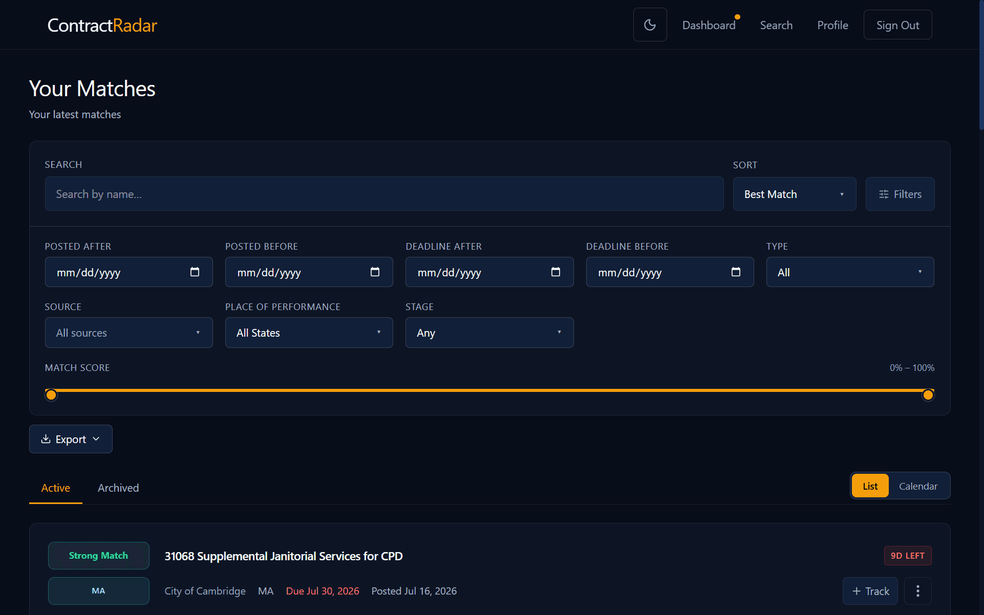 The ContractRadar dashboard filter row with the stage filter set to show only contracts in the Bidding stage.