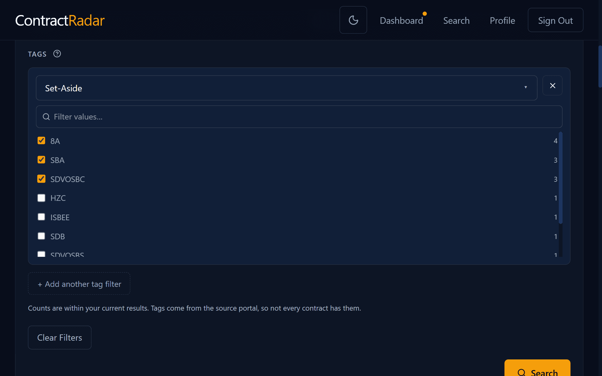 The Advanced filters panel open on the Tags section: a tag dropdown set to Set-Aside with several values checked and a count beside each, and a + Add another tag filter button below.