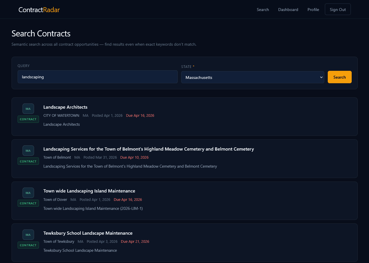ContractRadar search page with keyword and location filters showing matching federal, state, and local contract results