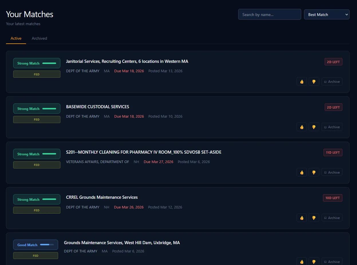 ContractRadar dashboard listing federal contracts matched to a small business, each with a compatibility score, agency name, set-aside type, NAICS code, and days-left deadline