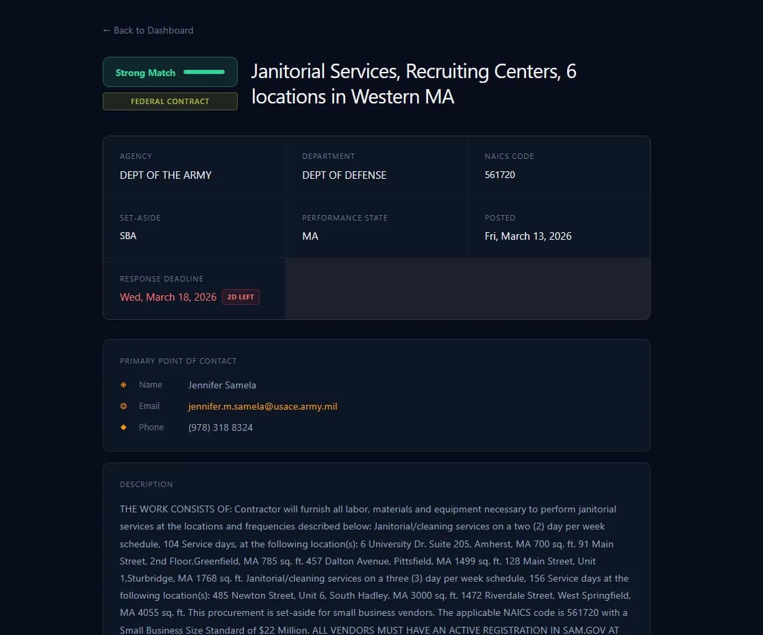 ContractRadar contract detail page showing agency, NAICS code, SBA set-aside, response deadline, primary point of contact, matched criteria tags, and full solicitation description